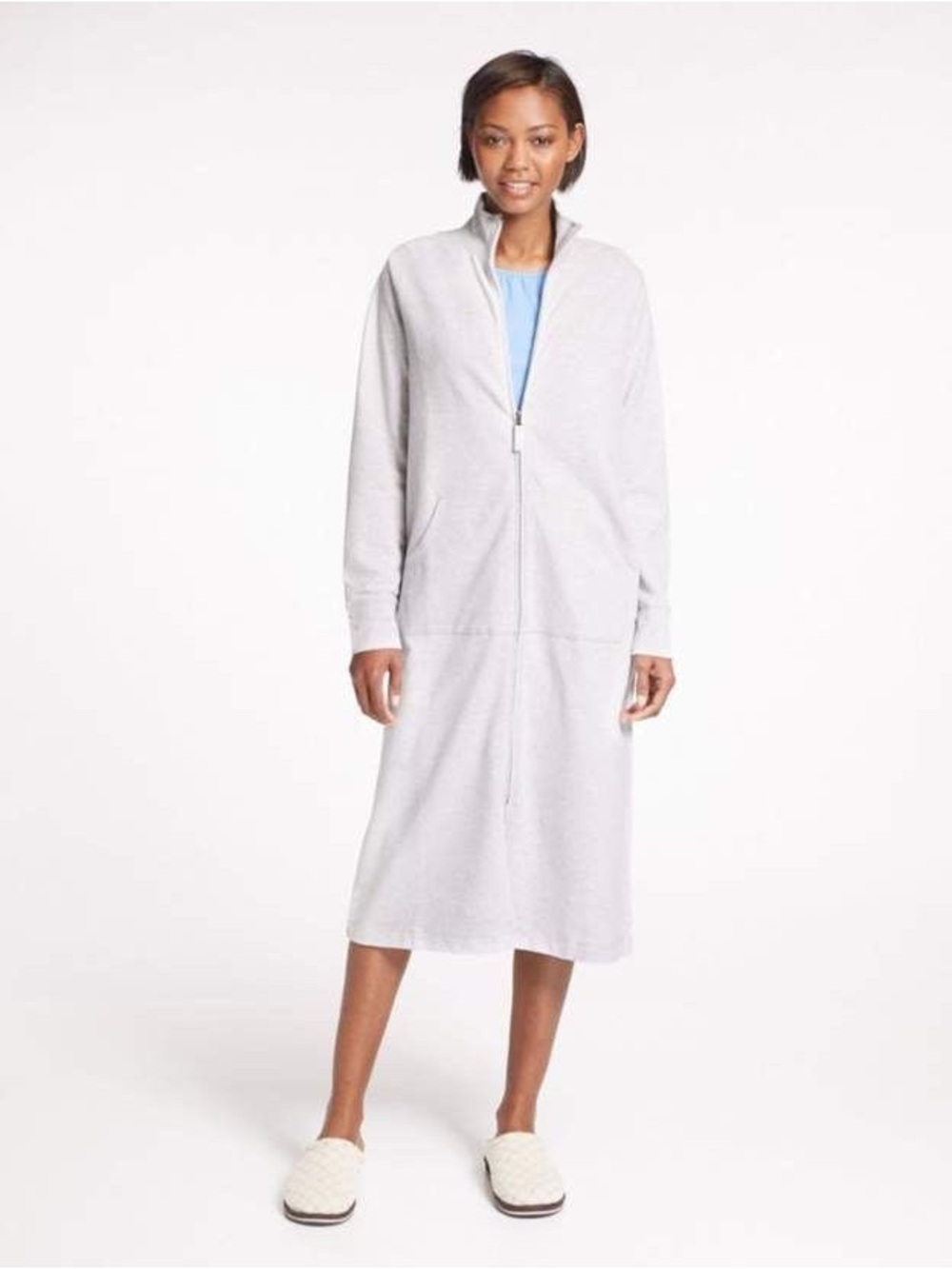 L.L. Bean Light Heather Gray Zip-Front Long Robe